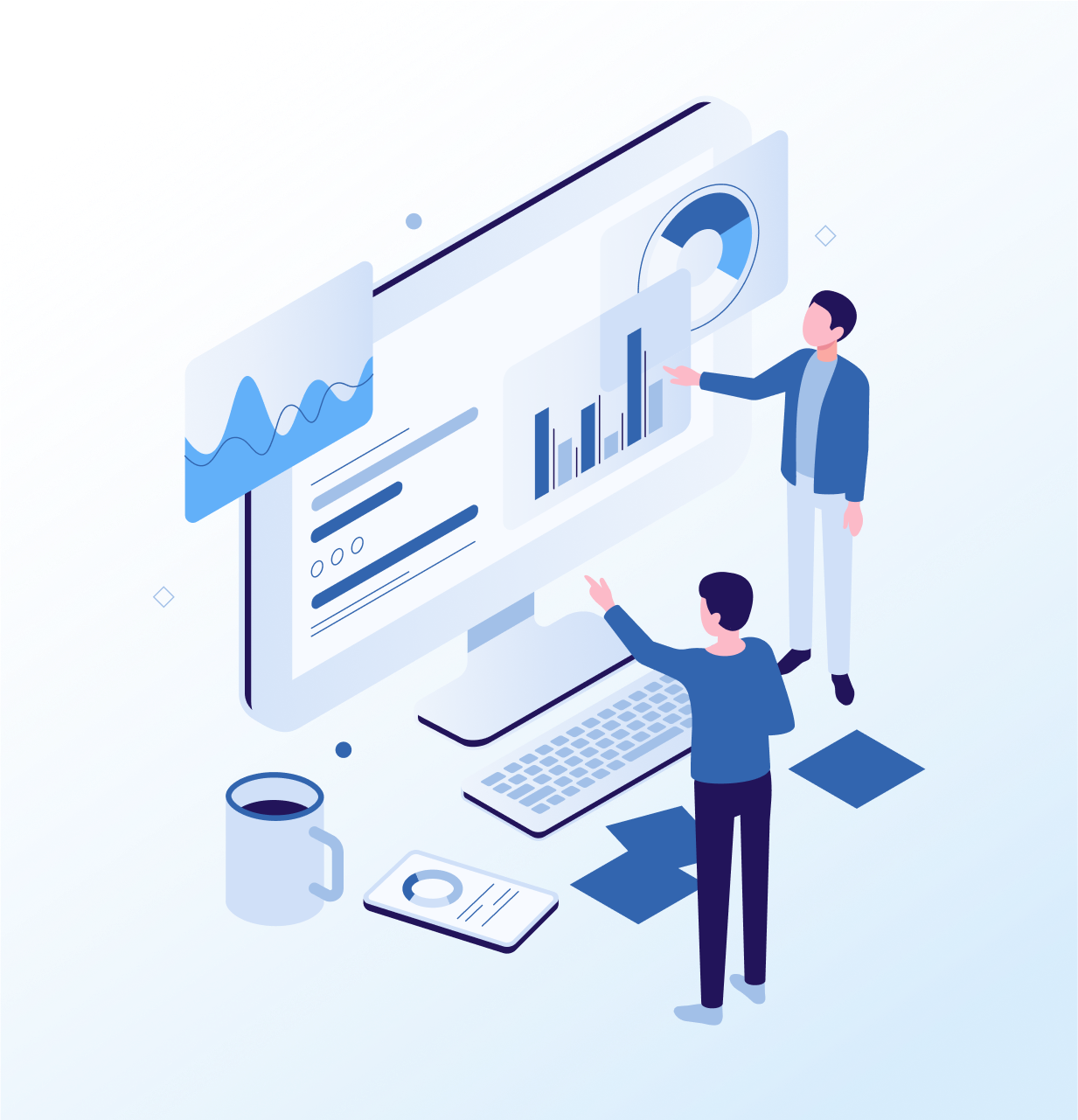 Analysts reviewing charts on an investment research dashboard